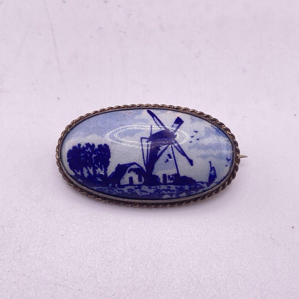 VTG Delfts Windmill Brooch Pin Porcelain  C Clasp Sterling Silver